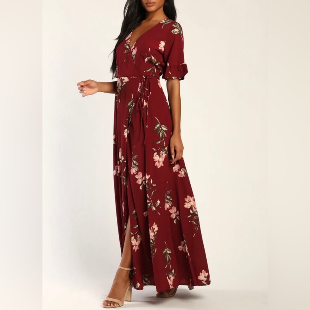 NWT Lulus September Sunsets Burgundy Floral Print Wrap Maxi Dress Size L